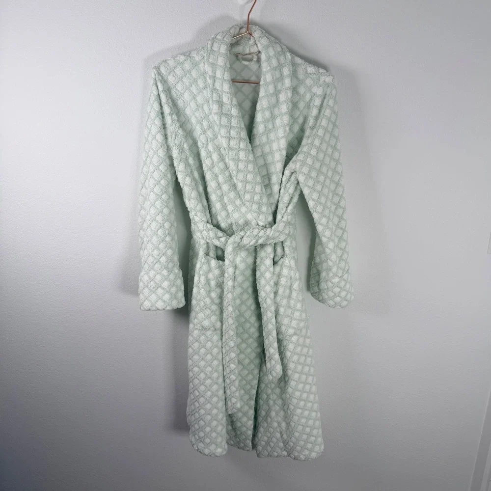 Soft Surroundings Mint Green Textured Plush Robe Small 2DA25 Long Sleeve Belted